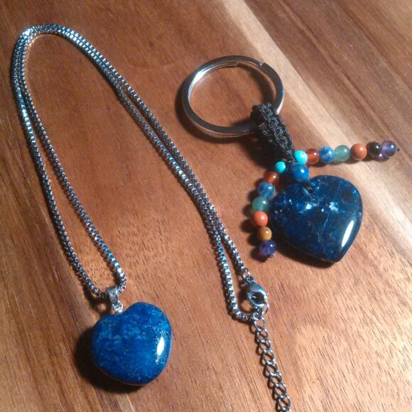Lapis Lazuli Stainless Steel Heart Pendant Necklace and Sodalite Heart Keychain - Picture 1 of 10